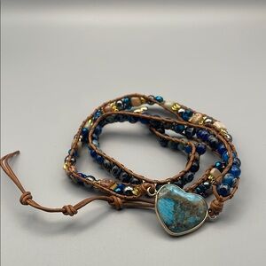 Blue and Brown Heart Charm Wrap Bracelet